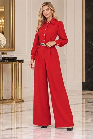 Neşeli butik kadın kırmızı balon kol kemerli gömlek yaka krep kumaş tulum NBK5006