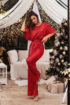 Neşeli butik kadın kırmızı kemerli tasarım tulum NBEMP2350
