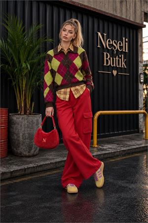 Neşeli butik kadın kırmızı kolej tarzı baklava desenli düğmeli triko hırka NBHT06