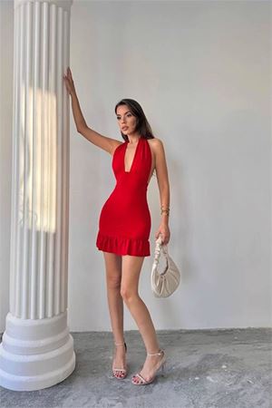Neşeli butik kadın eteği fırfırlı halter yaka mini elbise NBDF063