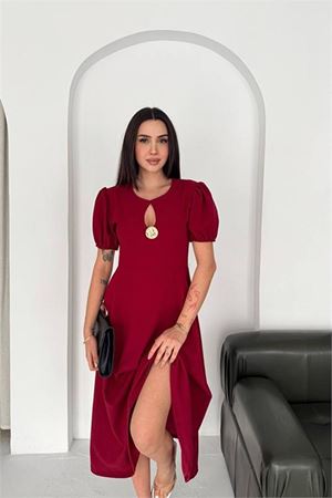 Neşeli butik kadın kırmızı balon kol gold broş detaylı midi boy elbise NBK4563