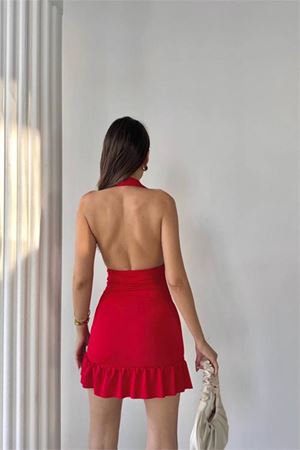 Neşeli butik kadın eteği fırfırlı halter yaka mini elbise NBDF063