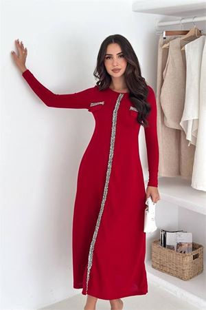 Neşeli butik kadın kırmızı taş şerit detaylı uzun kol midi boy günlük elbise NBK4343