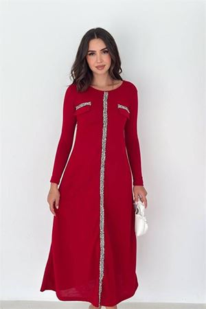 Neşeli butik kadın kırmızı taş şerit detaylı uzun kol midi boy günlük elbise NBK4343