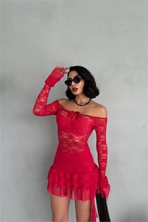 Neşeli butik kadın kırmızı yeni sezon mini dantel elbise NBDF133