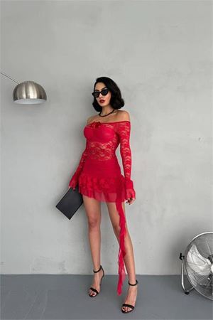 Neşeli butik kadın kırmızı yeni sezon mini dantel elbise NBDF133
