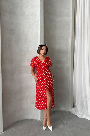 Neşeli butik kadın viskon puantiye desenli gömlek elbise NBG083
