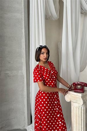 Neşeli butik kadın viskon puantiye desenli gömlek elbise NBG083