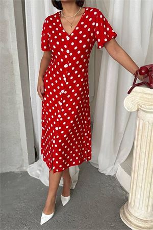 Neşeli butik kadın viskon puantiye desenli gömlek elbise NBG083
