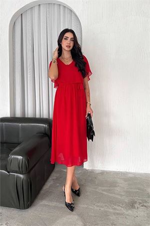 Neşeli butik kadın kuşaklı midi boy şifon elbise NBK4116