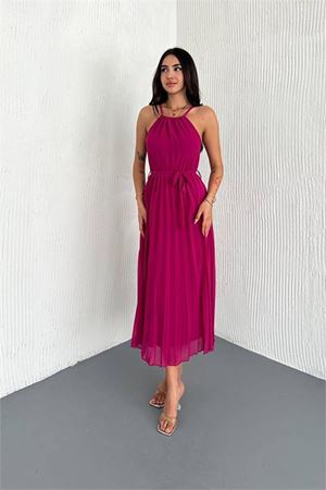 Neşeli butik kadın kuşaklı midi boy askılı şifon elbise NBK4207