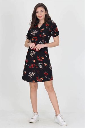 Neşeli butik kadın kruvaze yaka çiçek desenli örme krep mini elbise NB10022