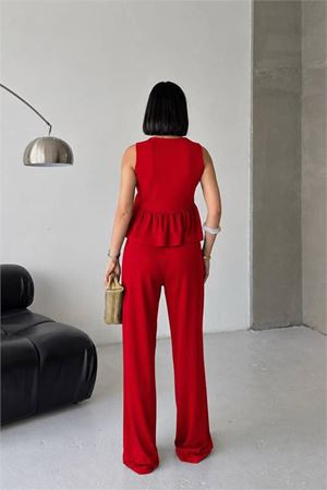 Neşeli butik kadın kırmızı modal kumaş volanlı atlet geniş paça pantolon yazlık ikili takım NBG132