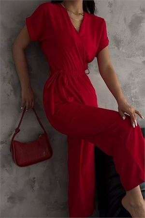 Neşeli butik kadın kırmızı bağlama detaylı ayrobin tulum NBTG7035