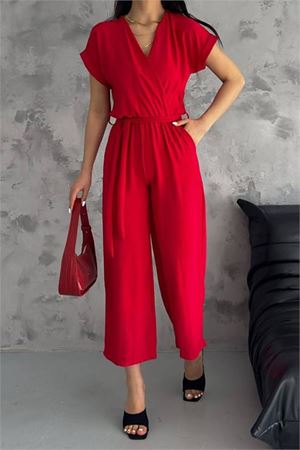 Neşeli butik kadın kırmızı bağlama detaylı ayrobin tulum NBTG7035