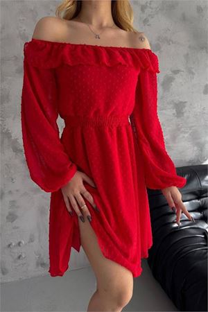 Neşeli butik kadın kırmızı madonna yaka mini ponpon şifon elbise NBK2057