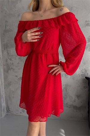 Neşeli butik kadın kırmızı madonna yaka mini ponpon şifon elbise NBK2057