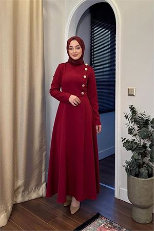 Neşeli butik kadın düğme detaylı tesettür elbise NMS037