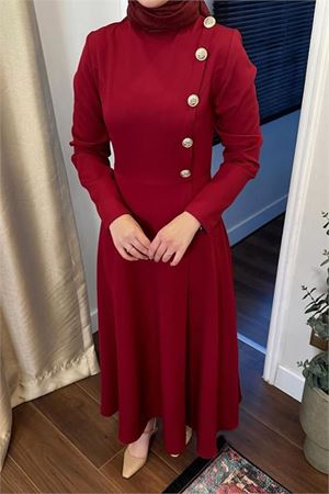 Neşeli butik kadın düğme detaylı tesettür elbise NMS037