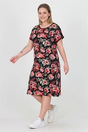 Neşeli butik kadın bisiklet yaka çiçek desenli büyük beden yazlık elbise AYSL30