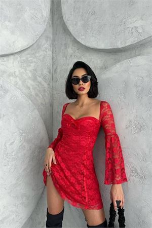 Neşeli butik kadın kırmızı glop detaylı dantel mini elbise NBDF105
