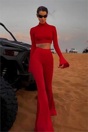 Neşeli butik kadın balıkçı crop ispanyol paça pantolon ikili takım NBDF166
