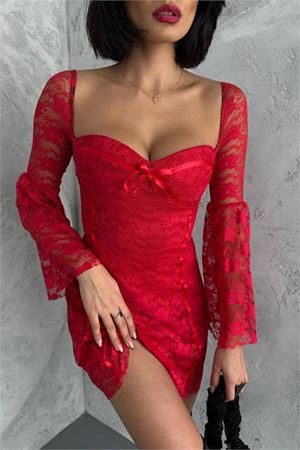 Neşeli butik kadın kırmızı glop detaylı dantel mini elbise NBDF105