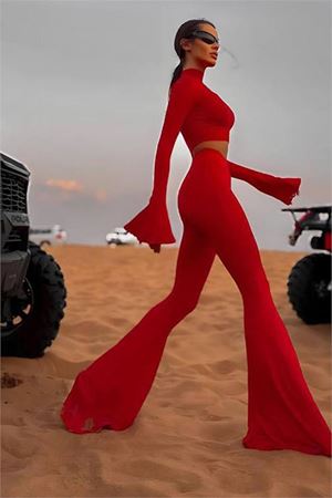 Neşeli butik kadın balıkçı crop ispanyol paça pantolon ikili takım NBDF166
