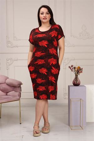 Neşeli butik kadın esnek viskon büyük beden elbise AYSL58 - Kırmızı