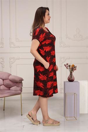 Neşeli butik kadın esnek viskon büyük beden elbise AYSL58 - Kırmızı
