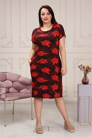 Neşeli butik kadın esnek viskon büyük beden elbise AYSL58 - Kırmızı