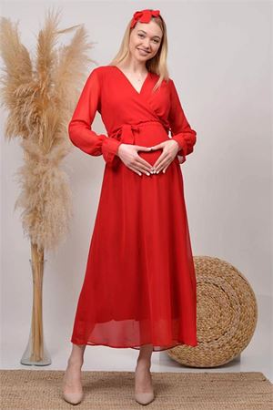 Neşeli butik kadın kırmızı baby shower şifon hamile elbise HML003