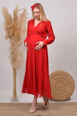 Neşeli butik kadın kırmızı baby shower şifon hamile elbise HML003