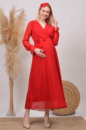 Neşeli butik kadın kırmızı baby shower şifon hamile elbise HML003