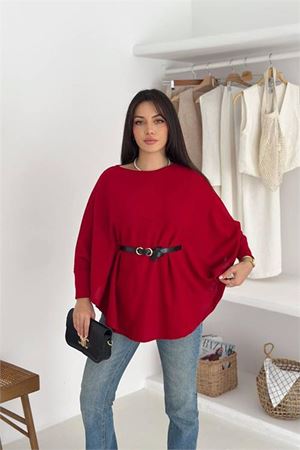 Neşeli butik kadın kırmızı kemer detaylı yarasa kol panço NBK5003