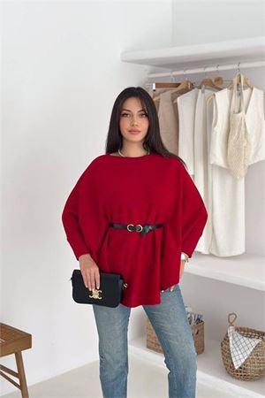 Neşeli butik kadın kırmızı kemer detaylı yarasa kol panço NBK5003