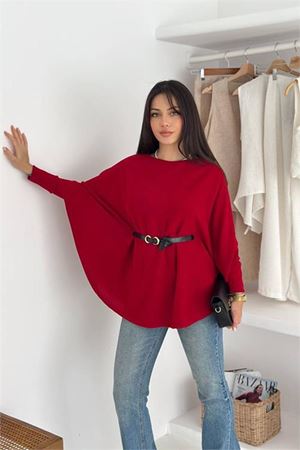 Neşeli butik kadın kırmızı kemer detaylı yarasa kol panço NBK5003
