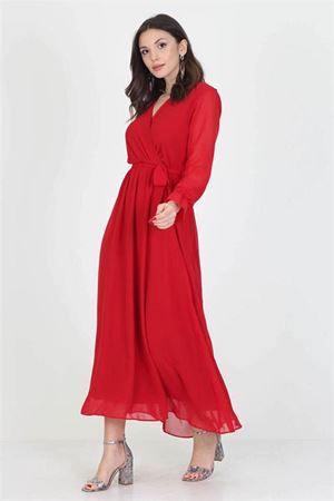 Neşeli Butik Kadın Yeni Sezon Astarlı Kruvaze Yaka Uzun Şifon Elbise NB003