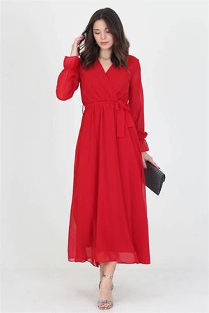 Neşeli Butik Kadın Yeni Sezon Astarlı Kruvaze Yaka Uzun Şifon Elbise NB003