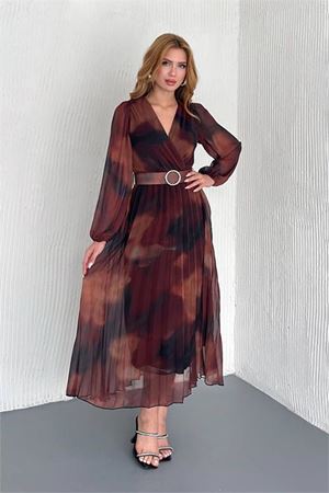 Neşeli butik kadın astarlı midi boy şifon elbise NBK20301