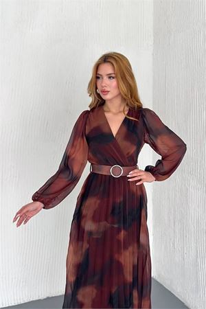 Neşeli butik kadın astarlı midi boy şifon elbise NBK20301
