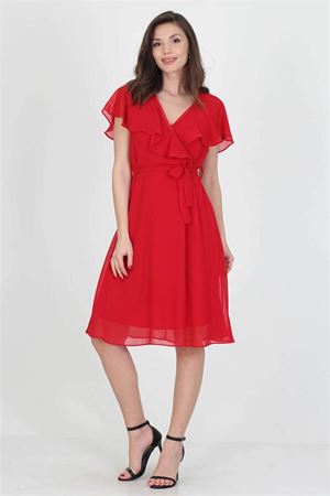 Neşeli butik kadın midi boy yeni sezon kruvaze yaka melek kol şifon elbise RY8081