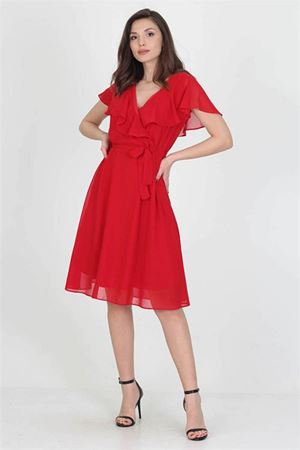 Neşeli butik kadın midi boy yeni sezon kruvaze yaka melek kol şifon elbise RY8081