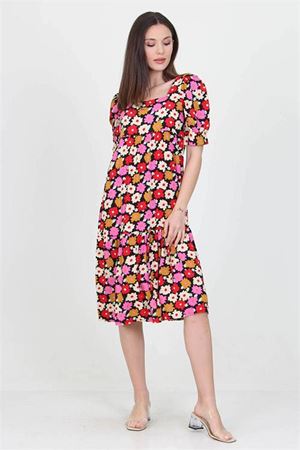 Neşeli butik kadın kare yaka eteği fırfırlı çiçek desenli viskon elbise NB10026