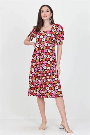 Neşeli butik kadın kare yaka eteği fırfırlı çiçek desenli viskon elbise NB10026