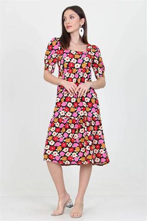 Neşeli butik kadın kare yaka eteği fırfırlı çiçek desenli viskon elbise NB10026