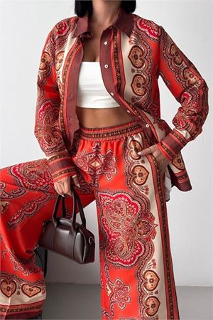 Neşeli butik kadın kırmızı etnik desenli tasarım gömlek pantolon takım NBMS26120