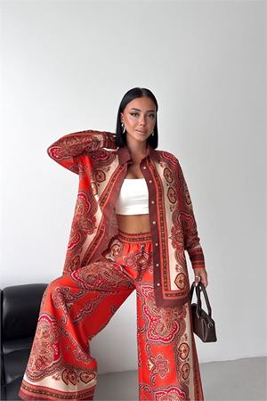 Neşeli butik kadın kırmızı etnik desenli tasarım gömlek pantolon takım NBMS26120