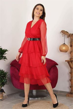 Neşeli butik kadın kemerli eteği kat kat yeni sezon tül elbise NB10006