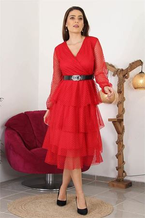 Neşeli butik kadın kemerli eteği kat kat yeni sezon tül elbise NB10006